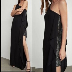 BCBGMAXAZRIA One-Shoulder Ruffle Glitter Panel Evening Gown Maxi Dress Black 0